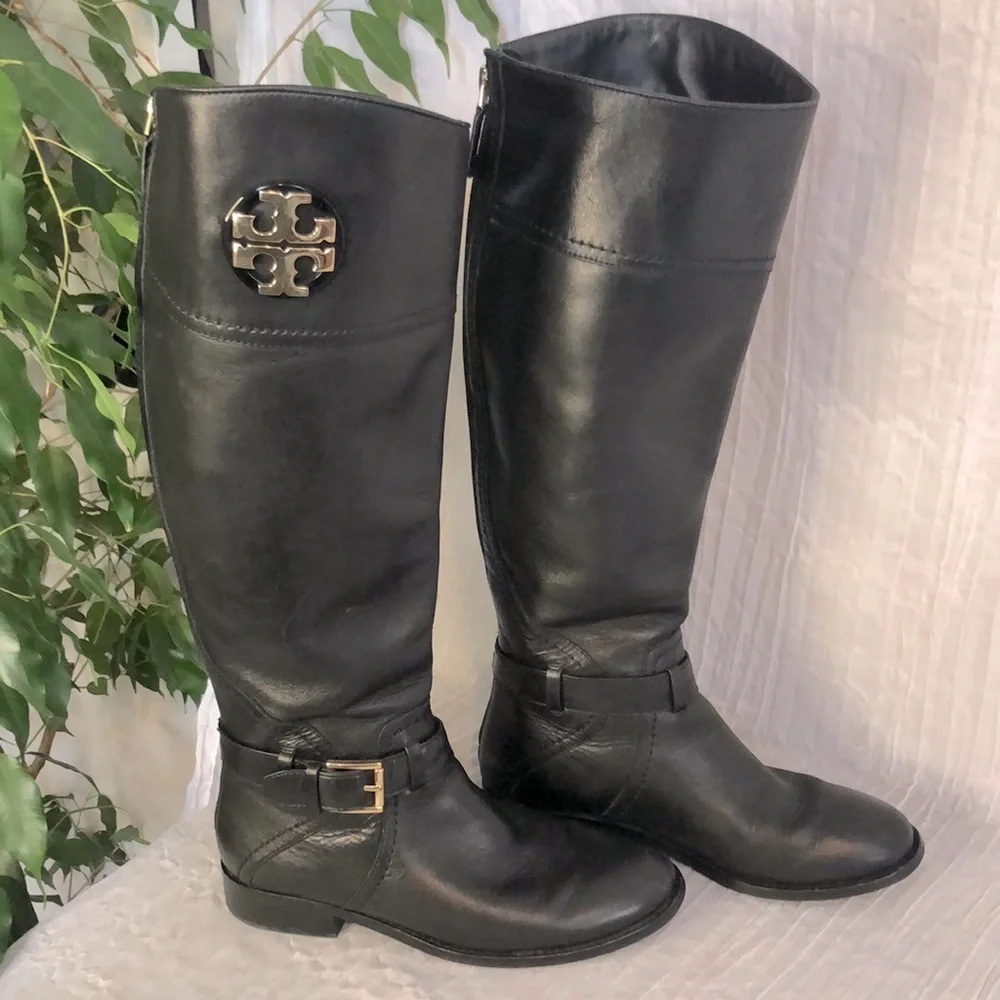 TORY BURCH Adeline size 5.5 black leather riding boots large gold Miller logo
